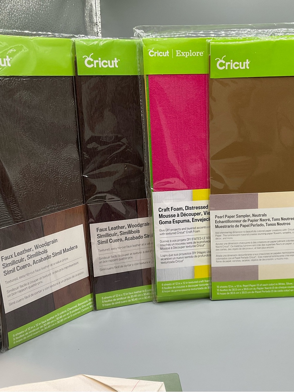4 Pks Cricut Craft Sheets Distressed Foam, Faux Leather, Pearl Sampler1 2x12